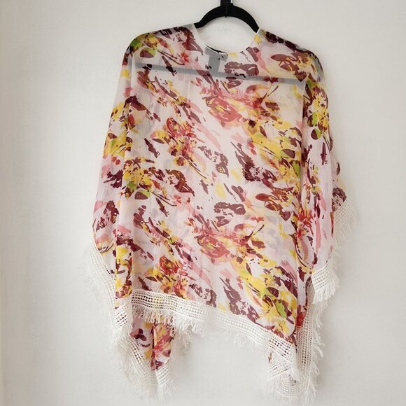 Steve Madden Sheer Floral Topper Kimono Swim Cover Fringe Trim Women's OS - Picture 2 of 7